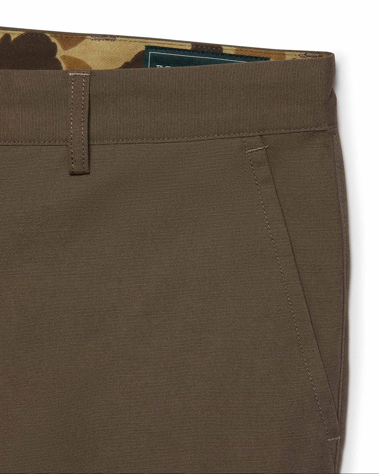 Brown pants with a camouflage pattern on the waistband against a white background