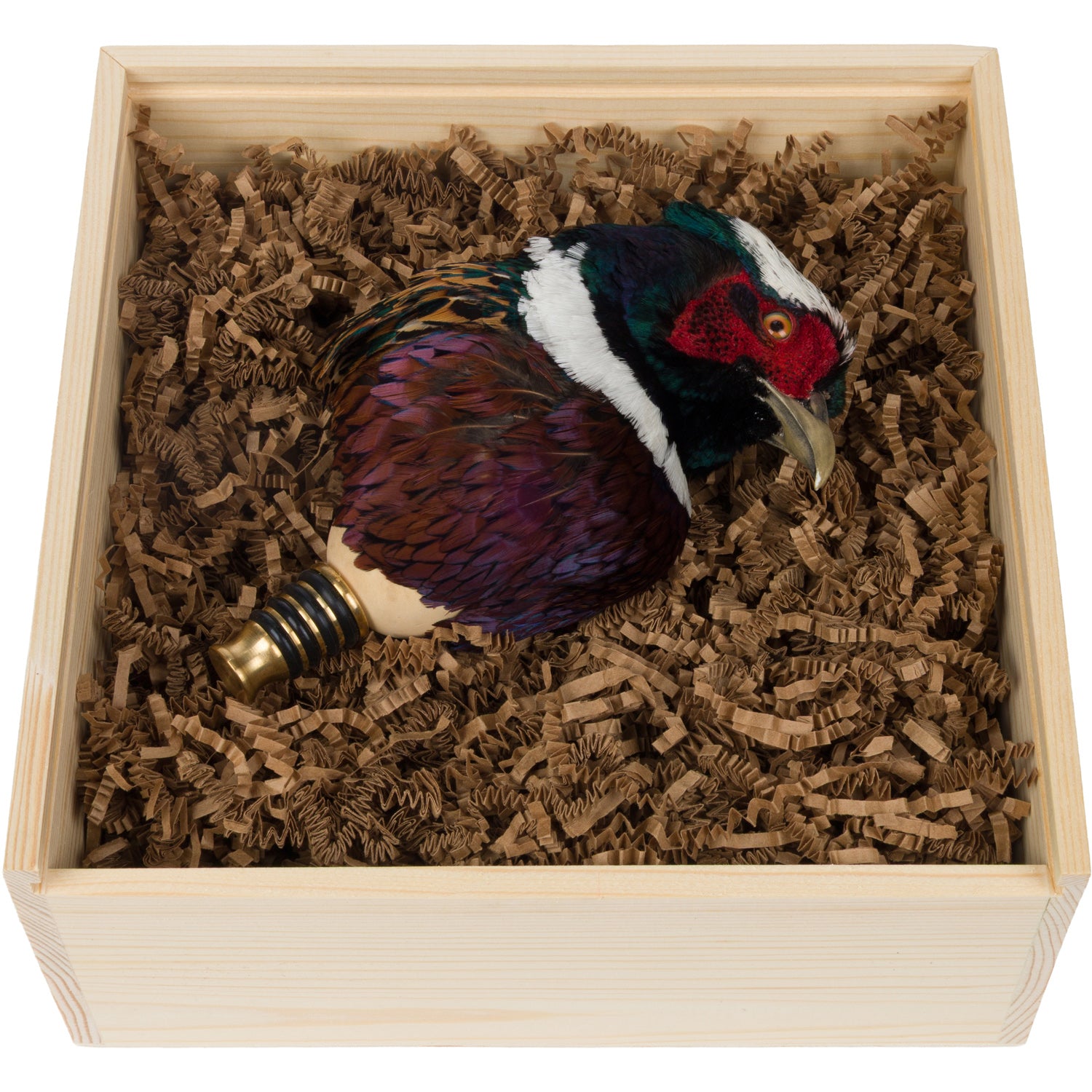 Decorative pheasant ornament inside a wooden box with brown filler