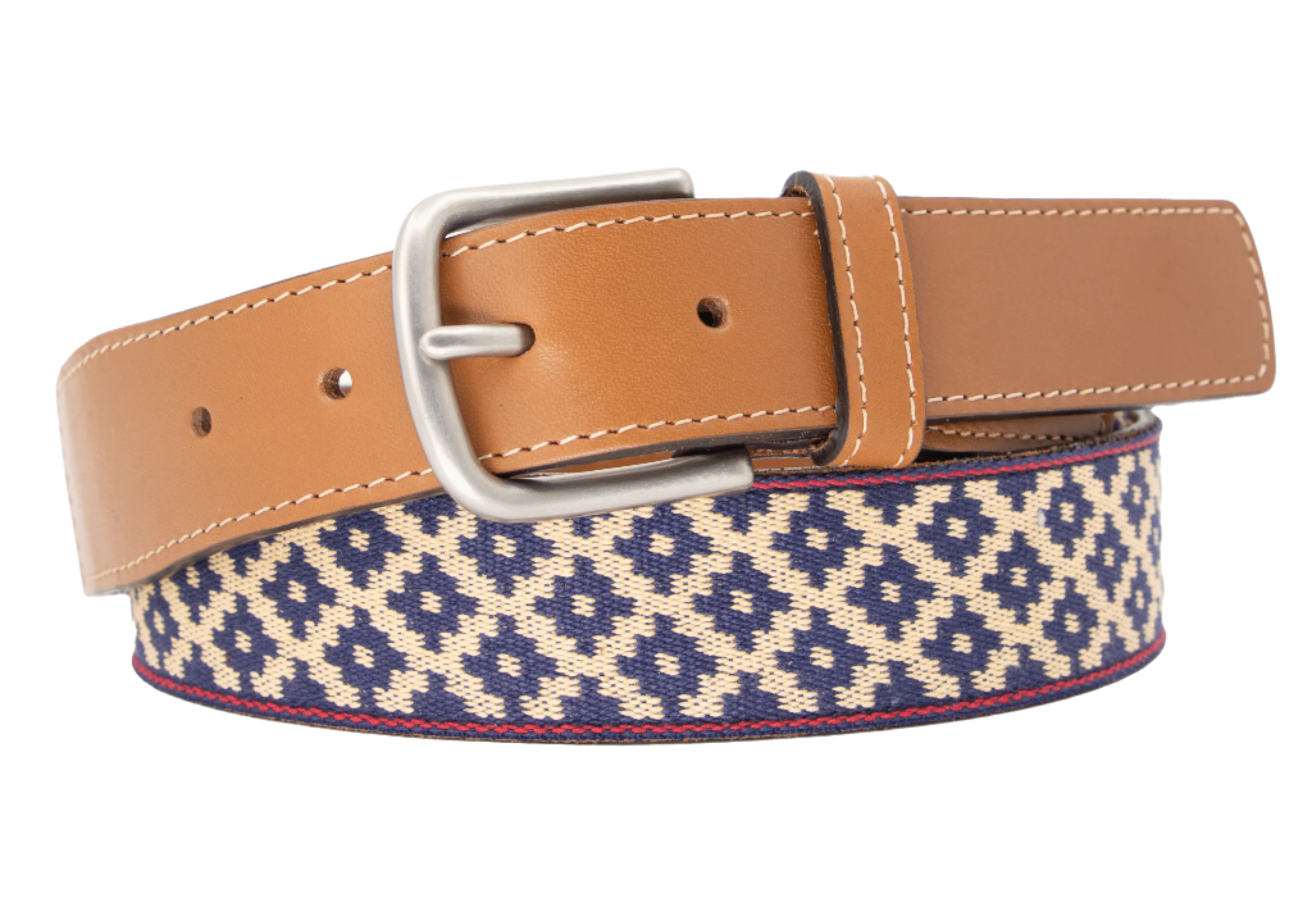 Belt with brown leather strap and patterned webbing on a white background