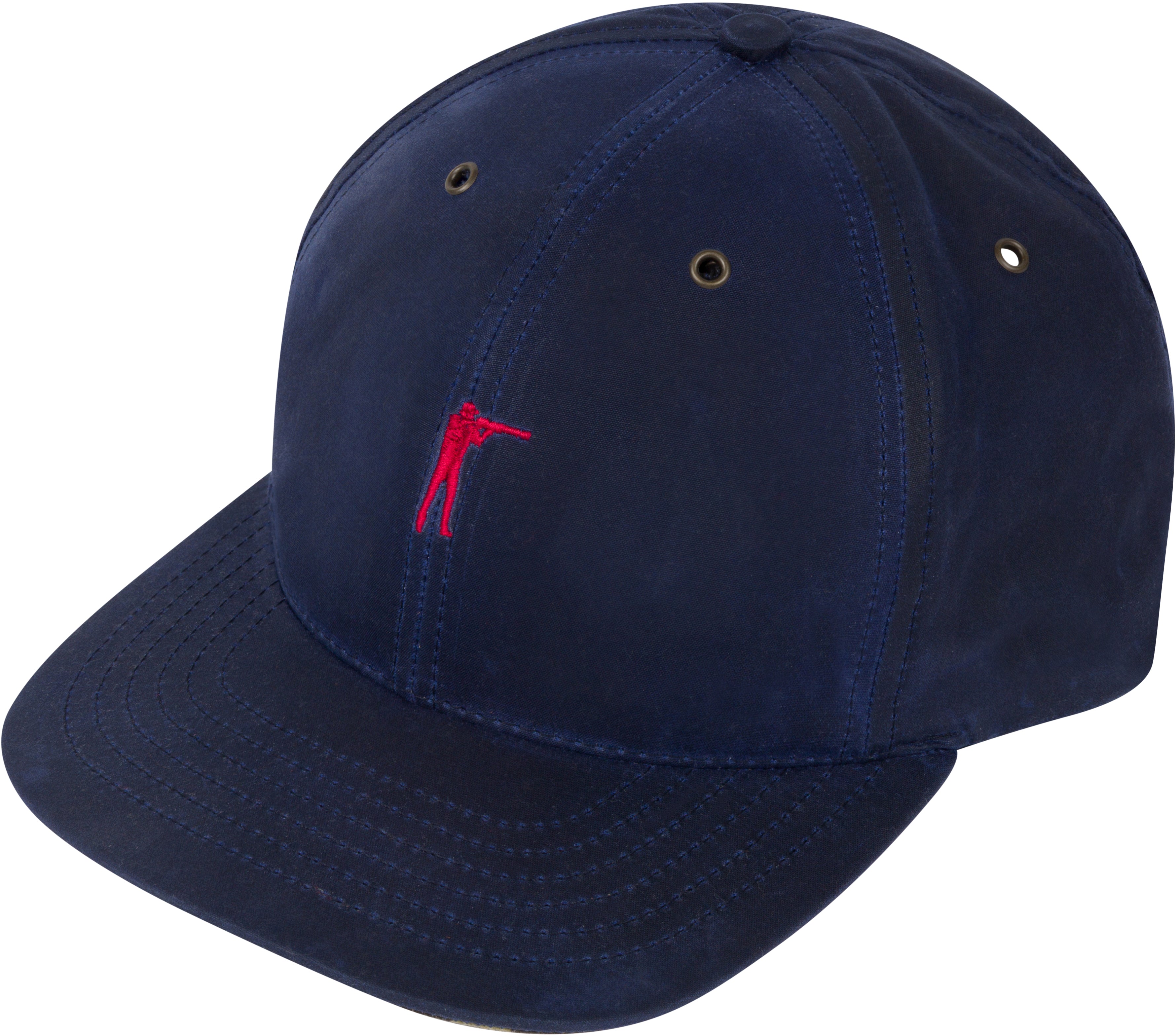 Navy blue cap with a red embroidered design on a white background