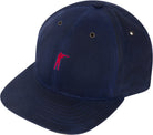Navy blue cap with a red embroidered design on a white background