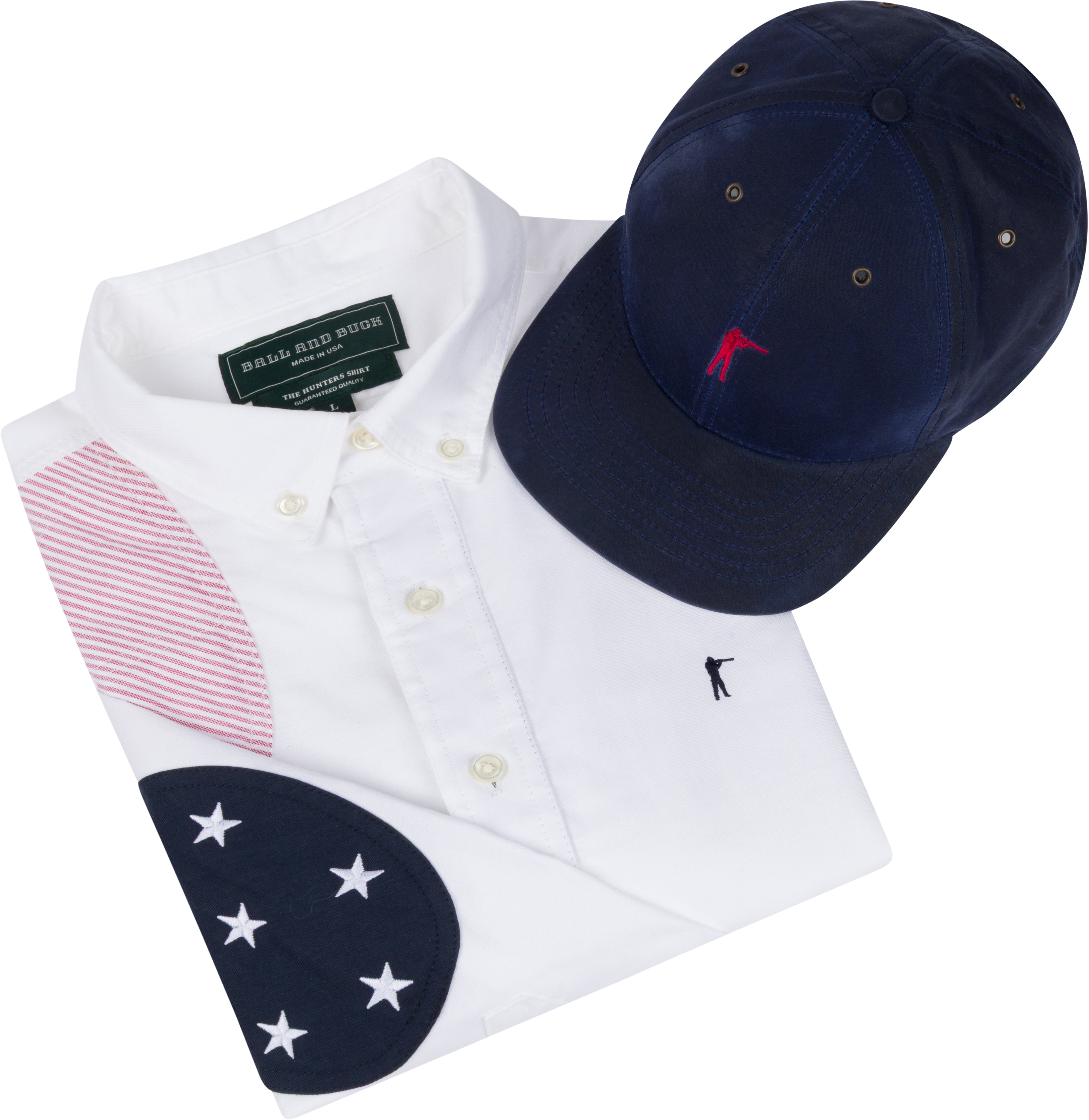 White shirt with red and blue design, navy cap with red and white logo on a white background