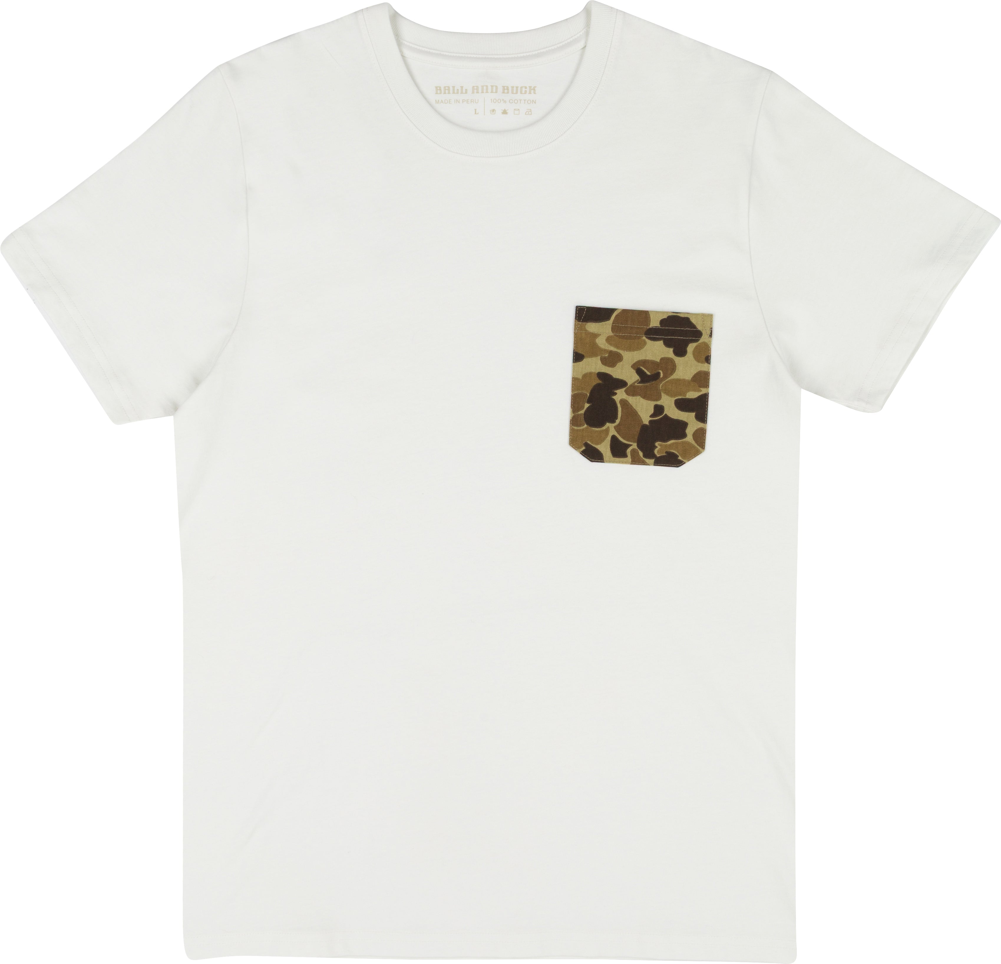 White t-shirt with a camouflage pocket on a white background