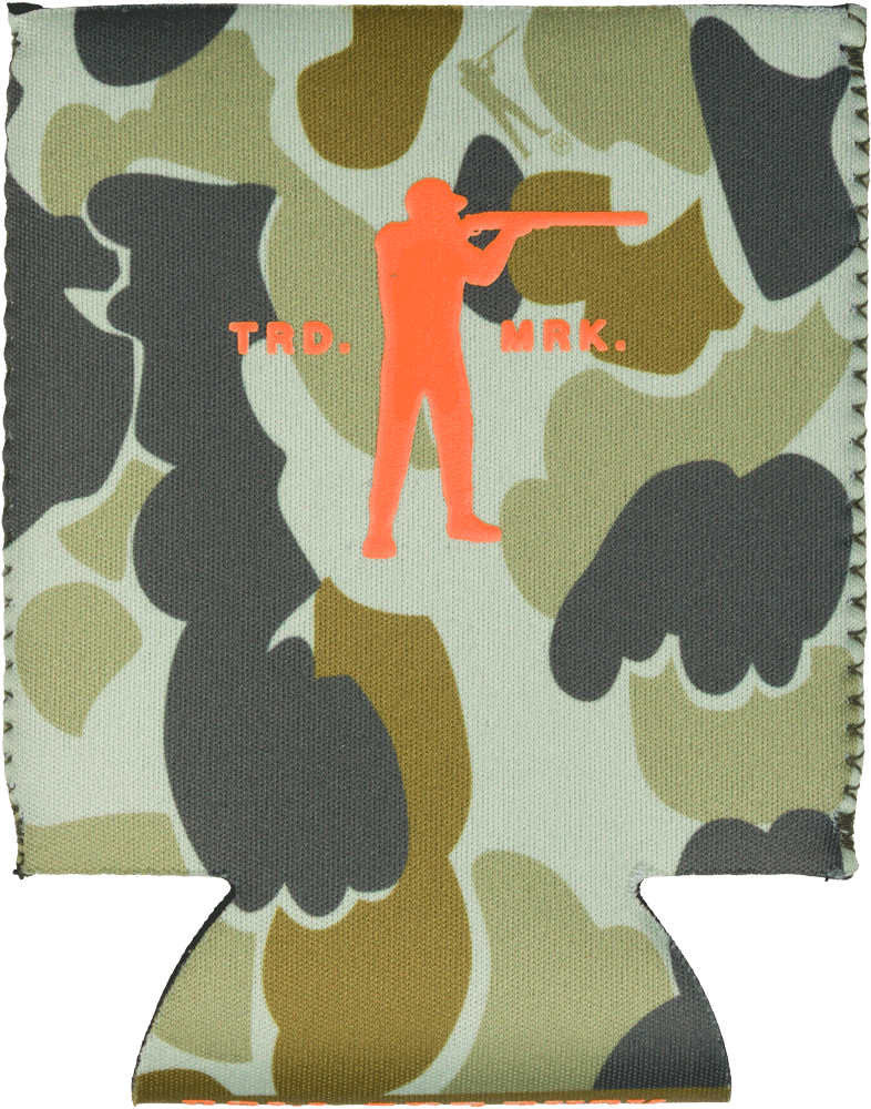 Camouflage can cooler with orange silhouette of a person holding a gun and text on a white background