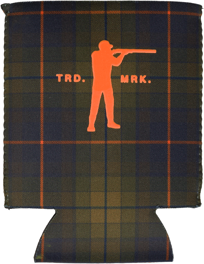 Plaid can cooler with orange silhouette of a person holding a gun and 'TRD. MK.' text on a white background