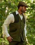 Men's Derby Tweed Winston Waistcoat in Dark Sage, on model